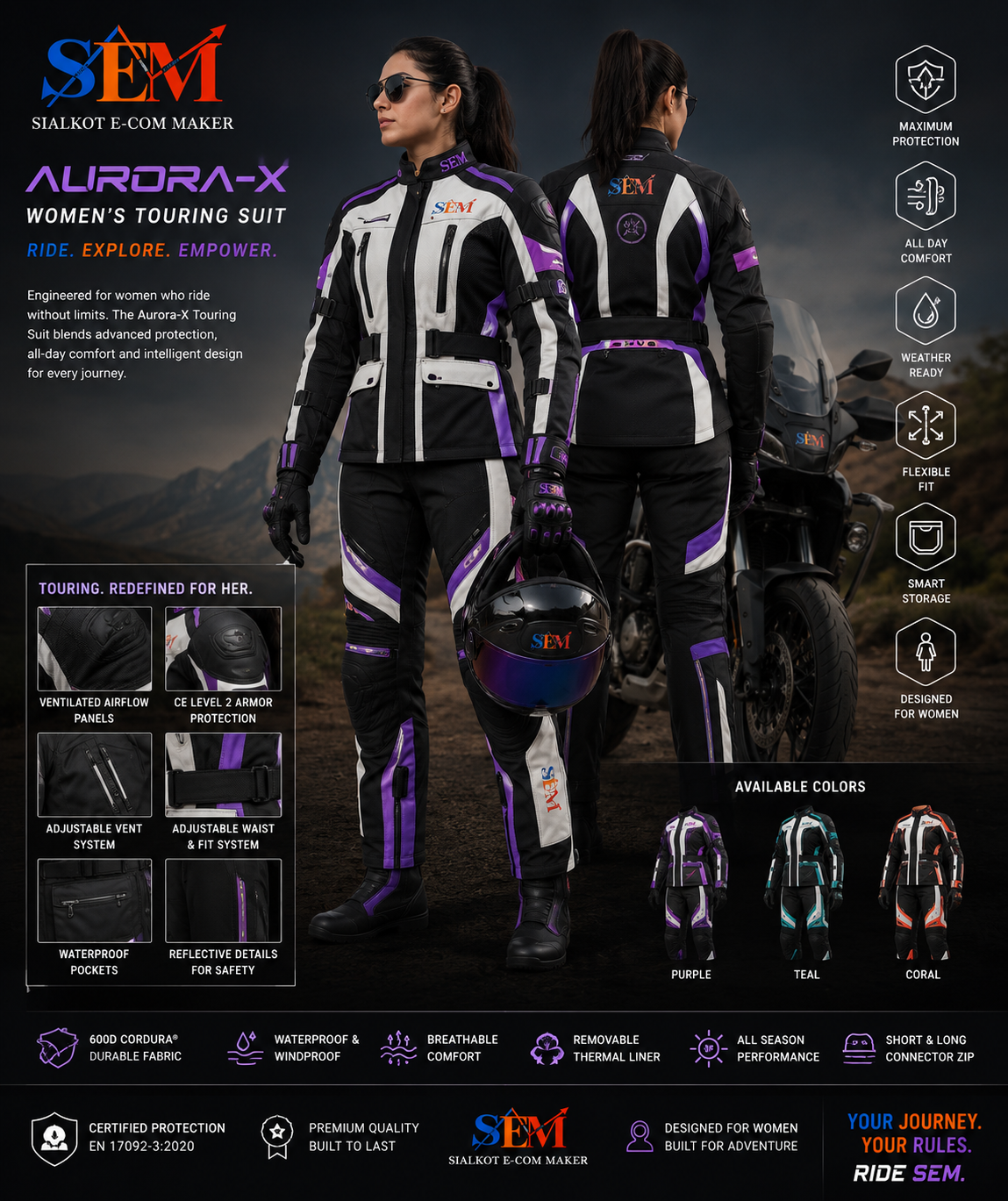SEM Aurora-X Women's Adventure Touring Suit | Premium All-Season Motorcycle Protection SEM Aurora-X Women's Adventure Touring Suit | Premium All-Season Motorcycle Protection